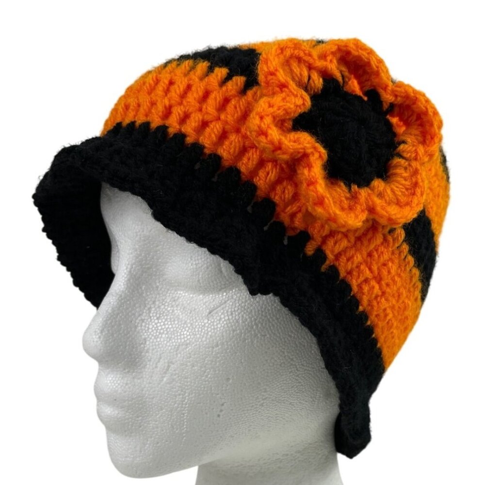 Handmade Beanie Crochet Winter Hat Ladies Orange & Black With Flower
